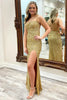 Load image into Gallery viewer, Sparkly Golden Straps Mermaid Long Prom Dress with Slit