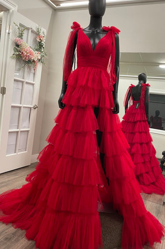 Dark Red V Neck A-line Tiered Tulle Long Prom Dress with Slit