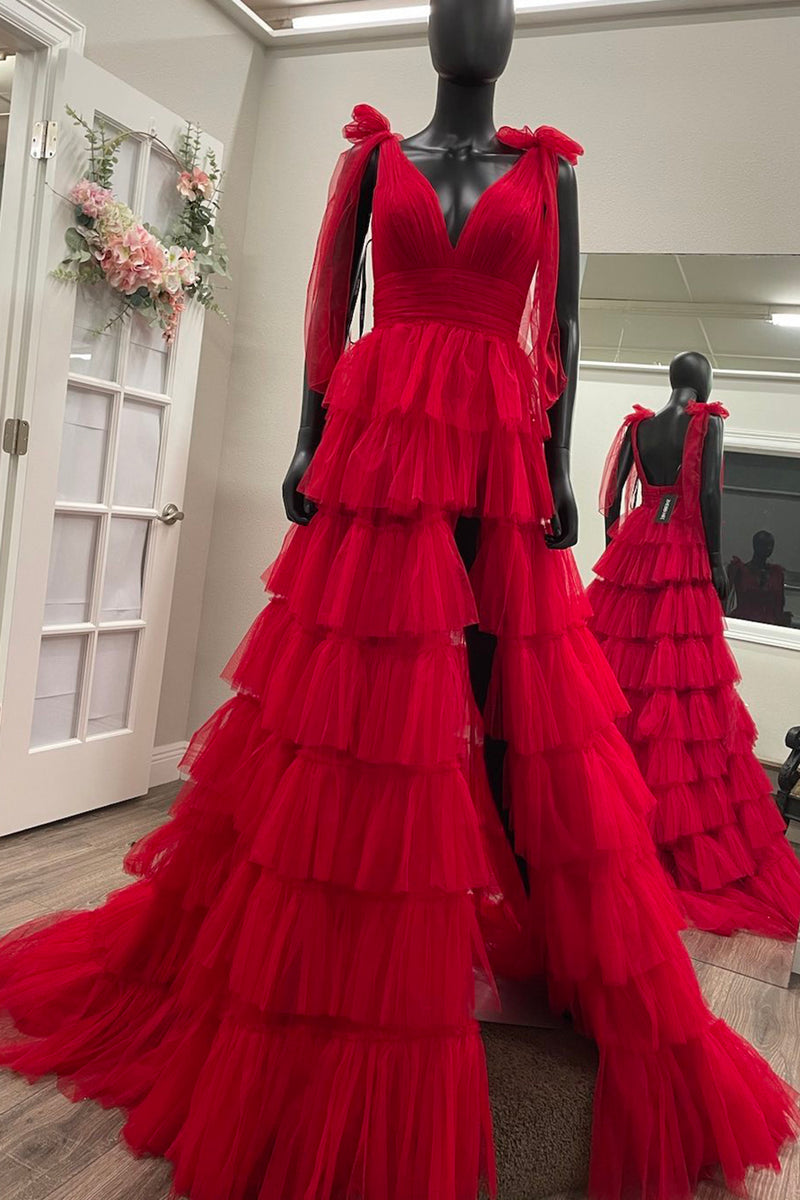 Load image into Gallery viewer, Dark Red V Neck A-line Tiered Tulle Long Prom Dress with Slit