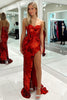 Load image into Gallery viewer, Sparkly Red Strapless Mermaid Long Prom Dress with Slit