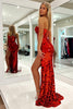 Load image into Gallery viewer, Sparkly Red Strapless Mermaid Long Prom Dress with Slit