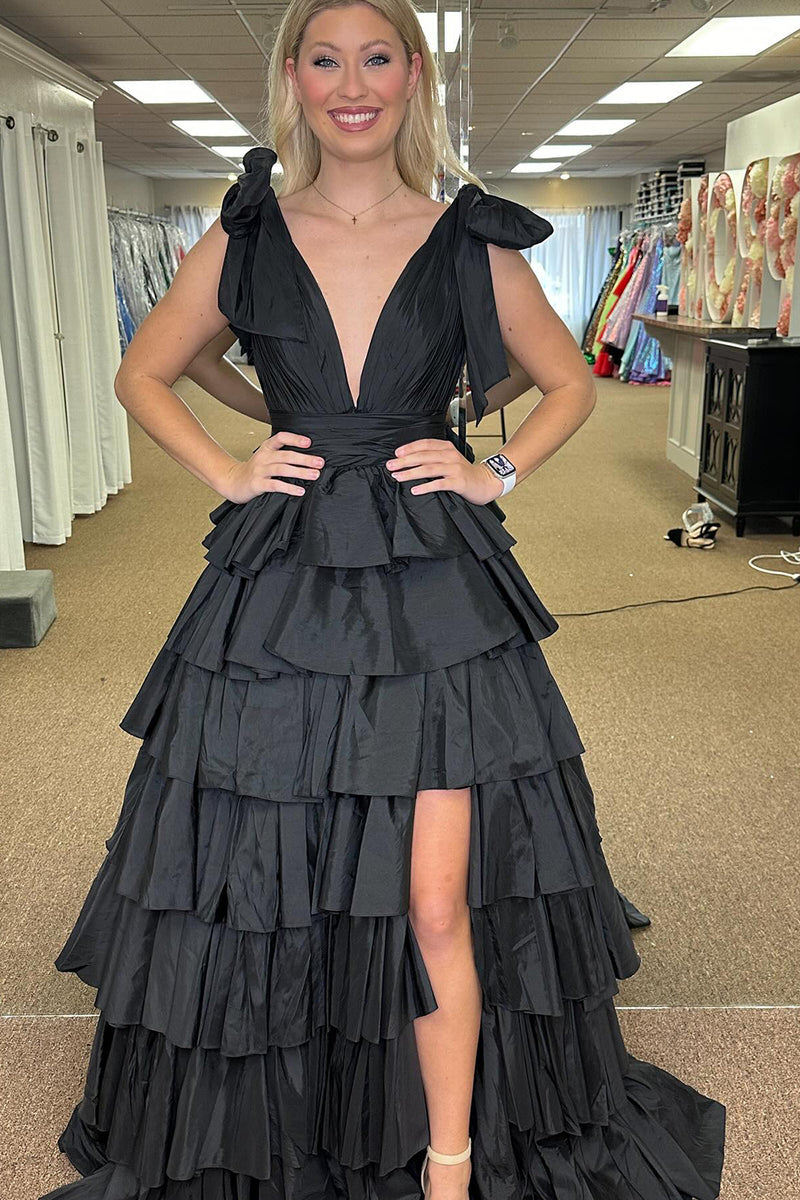 Load image into Gallery viewer, Black Deep V A-line Tiered Satin Long Prom Dress with Slit