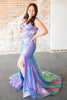 Load image into Gallery viewer, Sparkly Purple Floral V Neck Mermaid Long Prom Dress with Slit