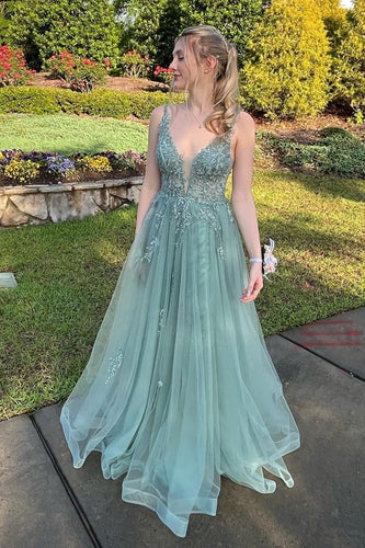 Sage Deep V Floral A-line Tulle Long Prom Dress