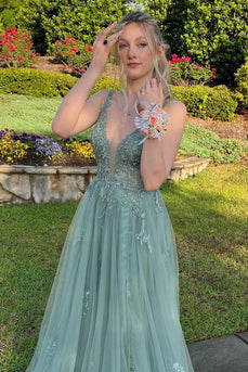 Sage Deep V Floral A-line Tulle Long Prom Dress