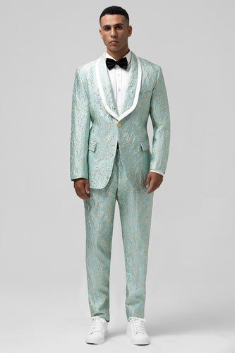 Mint Shawl Lapel One Button Jacquard Men's Party Suits