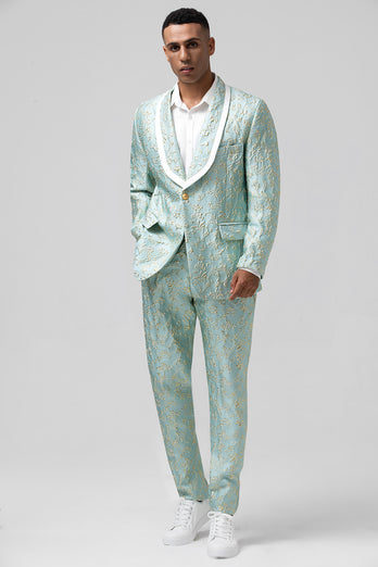 Mint Shawl Lapel One Button Jacquard Men's Party Suits