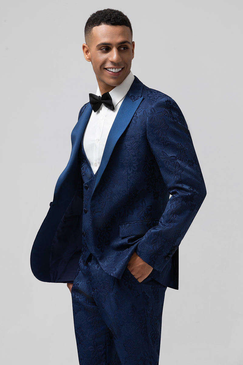 Load image into Gallery viewer, Dark Blue Peak Lapel One Button Jacquard Men&#39;s Wedding Party Suits