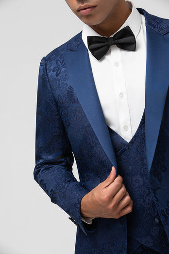 Dark Blue Peak Lapel One Button Jacquard Men's Wedding Party Suits