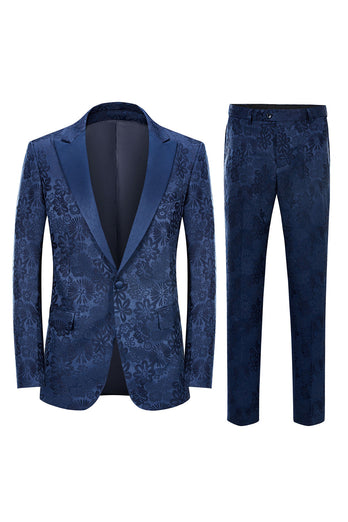 Peak Lapel Dark Blue Jacquard Men's Prom Suits