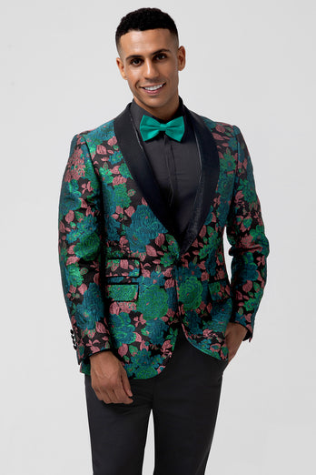 Green Shawl Lapel Jacquard Floral Pattern Men's Homecoming Blazer