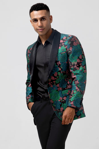 Green Shawl Lapel Jacquard Floral Pattern Men's Homecoming Blazer