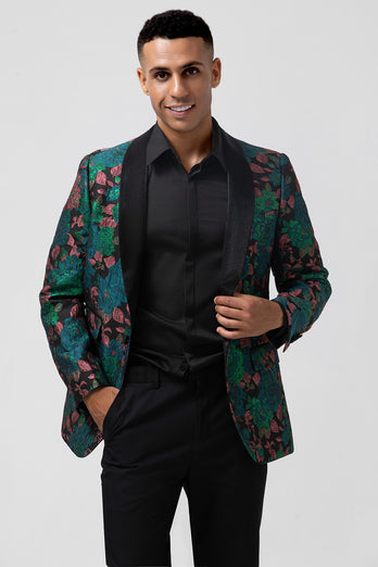 Green Shawl Lapel Jacquard Floral Pattern Men's Homecoming Blazer