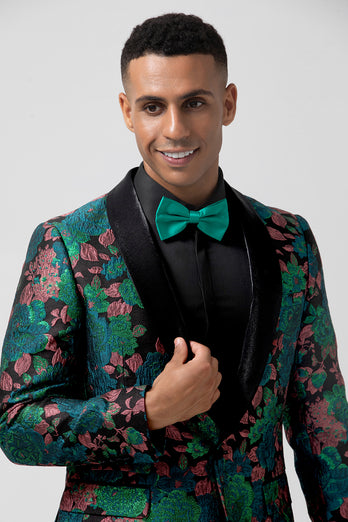 Green Shawl Lapel Jacquard Floral Pattern Men's Homecoming Blazer