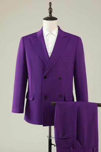 Queendancer Men Purple 3-Piece Prom Suits Peak Lapel Double Breasted ...