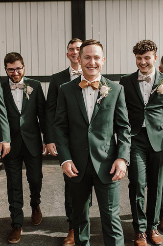 Notched Lapel Dark Green Linen Men's Wedding Party Suits