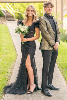 Shawl Lapel Golden Black Jacquard Men's Prom Suits