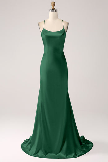 Dark Green Mermaid Spaghetti Straps Lace-Up Satin Long Prom Dress