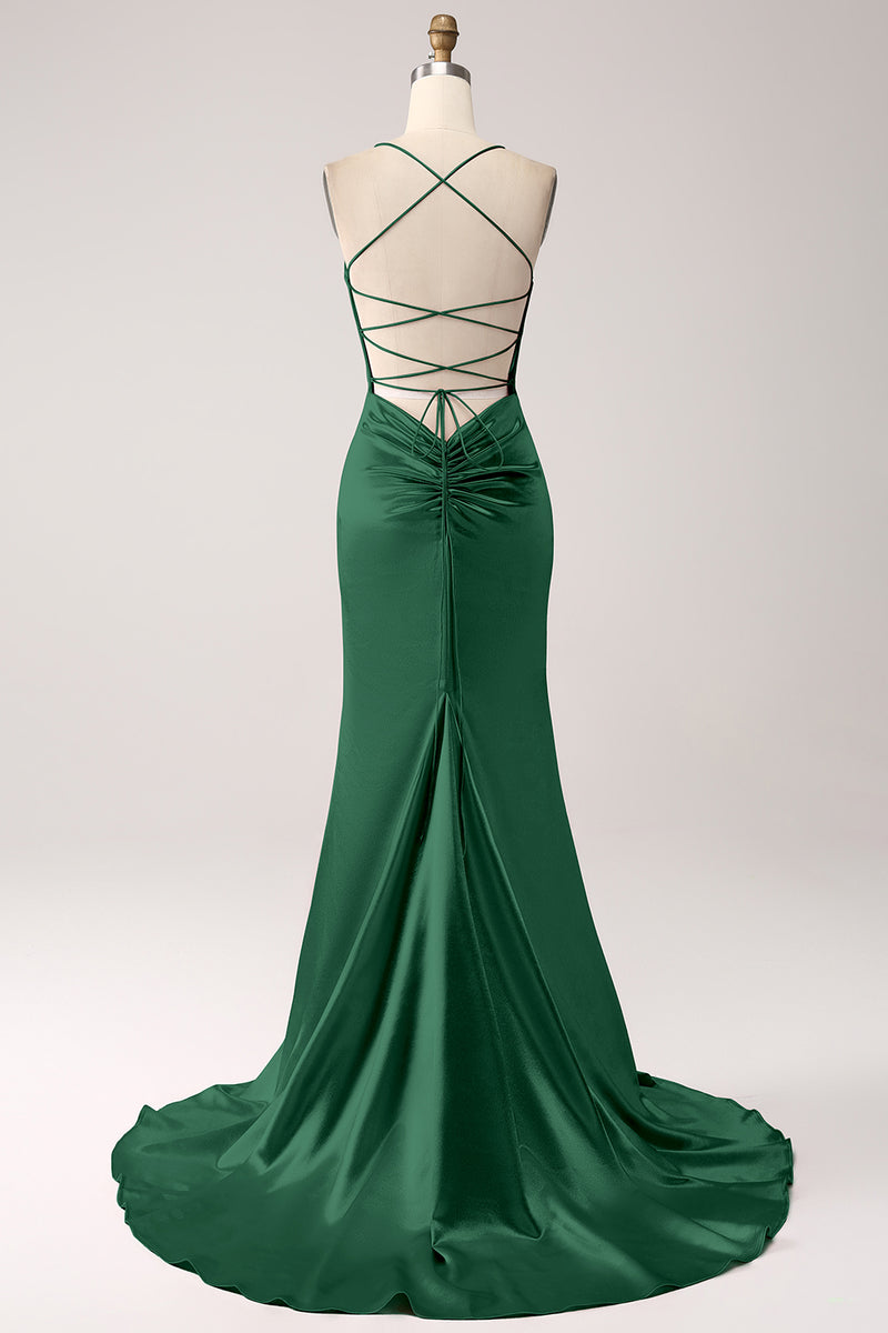 Load image into Gallery viewer, Dark Green Mermaid Spaghetti Straps Lace-Up Satin Long Prom Dress