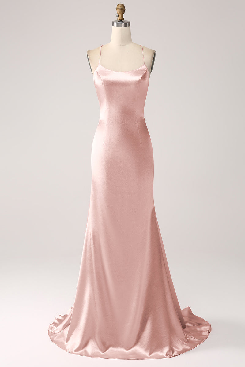 Load image into Gallery viewer, Blush Mermaid Spaghetti Straps Lace-Up Satin Long Prom Dress