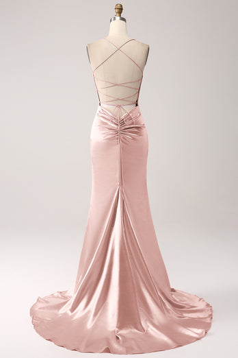 Blush Mermaid Spaghetti Straps Lace-Up Satin Long Prom Dress