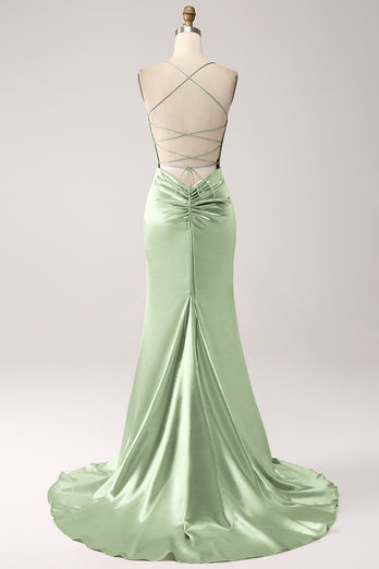 Dark Green Mermaid Spaghetti Straps Lace-Up Satin Long Prom Dress