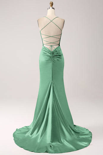 Dark Green Mermaid Spaghetti Straps Lace-Up Satin Long Prom Dress