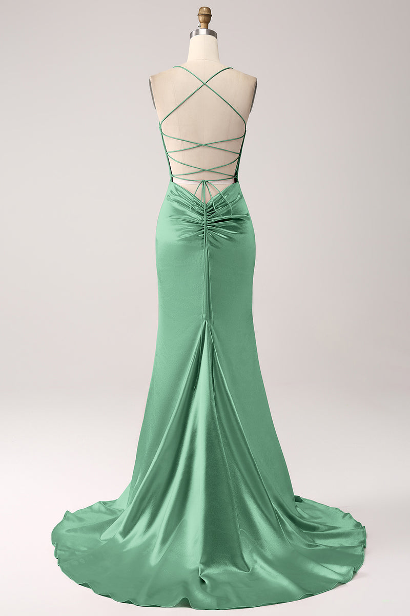 Load image into Gallery viewer, Dark Green Mermaid Spaghetti Straps Lace-Up Satin Long Prom Dress