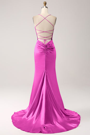 Blush Mermaid Spaghetti Straps Lace-Up Satin Long Prom Dress