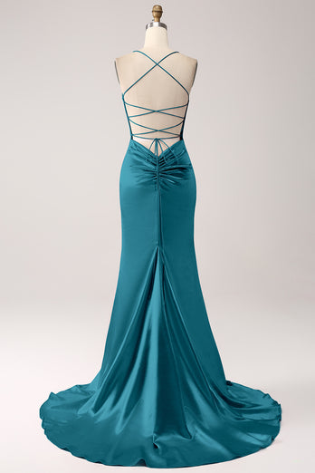 Dark Green Mermaid Spaghetti Straps Lace-Up Satin Long Prom Dress