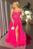 Load image into Gallery viewer, Tulle Spaghetti Straps Fuchsia Corset Prom Dress with Slit