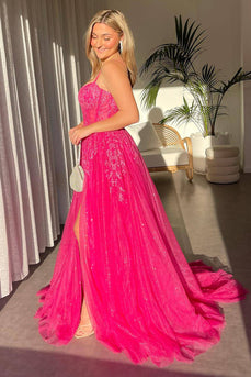 Tulle Spaghetti Straps Fuchsia Corset Prom Dress with Slit