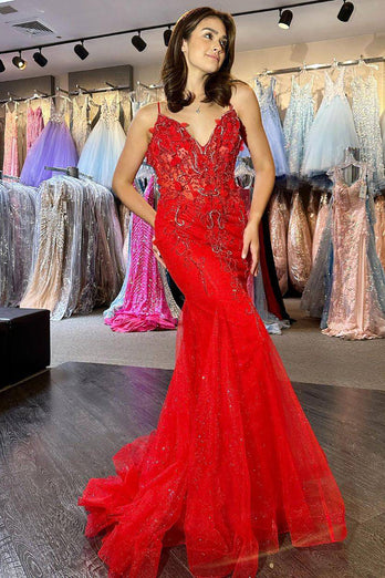 Red Mermaid Long Corset Prom Dress With Appliques