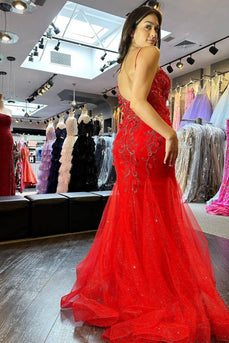 Red Mermaid Long Corset Prom Dress With Appliques