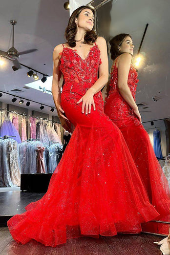 Red Mermaid Long Corset Prom Dress With Appliques