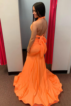 Orange Mermaid Halter Satin Prom Dress