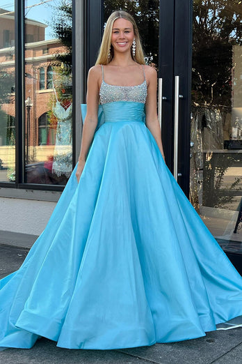 Satin Beaded Blue Prom Dress with Bowknot