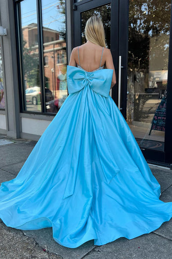 Satin Beaded Blue Prom Dress with Bowknot