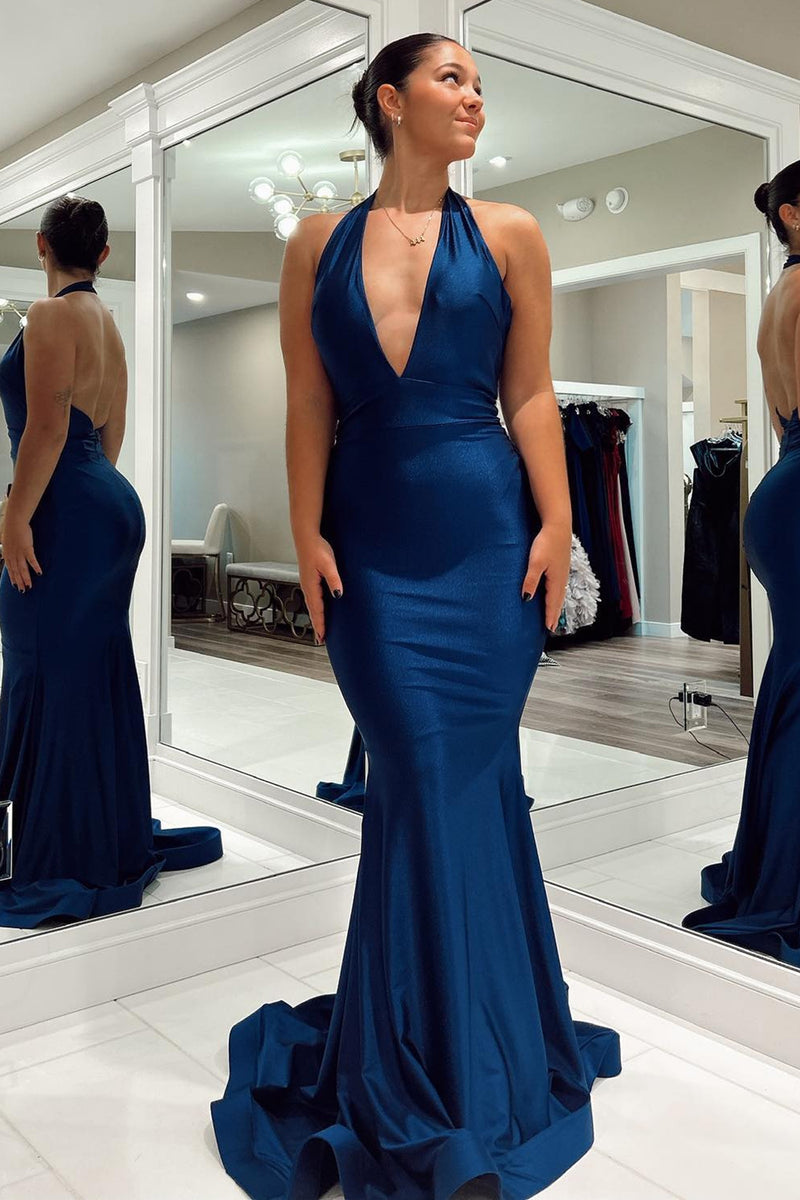 Load image into Gallery viewer, Dark Blue Mermaid Halter Long Prom Dress