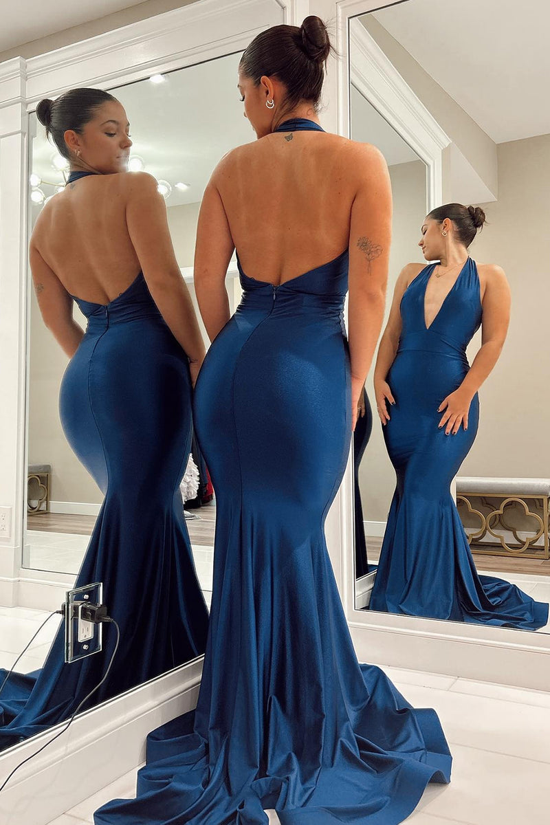 Load image into Gallery viewer, Dark Blue Mermaid Halter Long Prom Dress