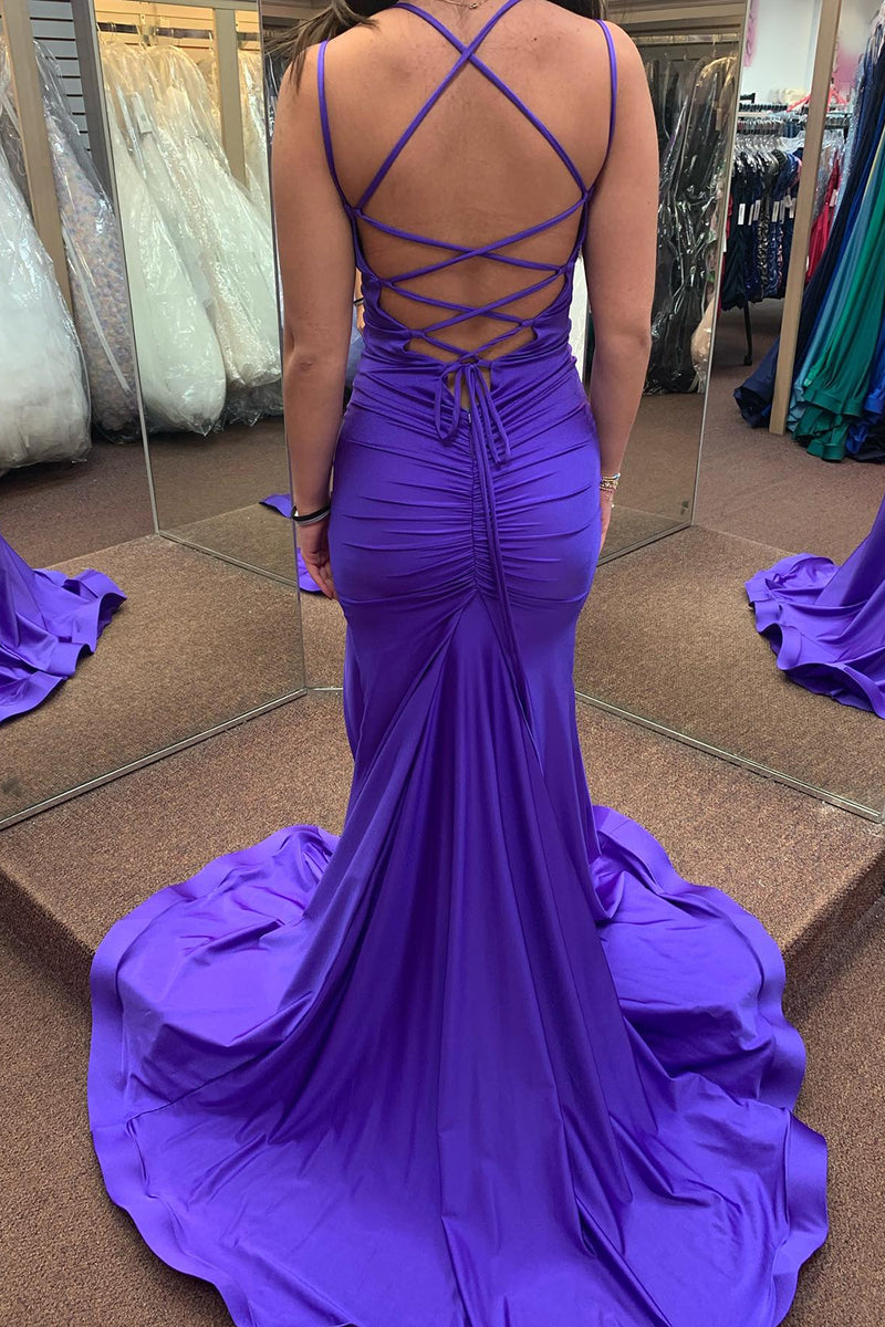 Load image into Gallery viewer, Mermaid Lace-Up Back Purple Prom Dress with Slit