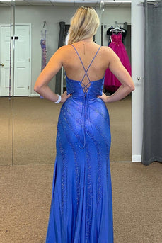 Sparkly Mermaid Royal Blue Prom Dress with Slit