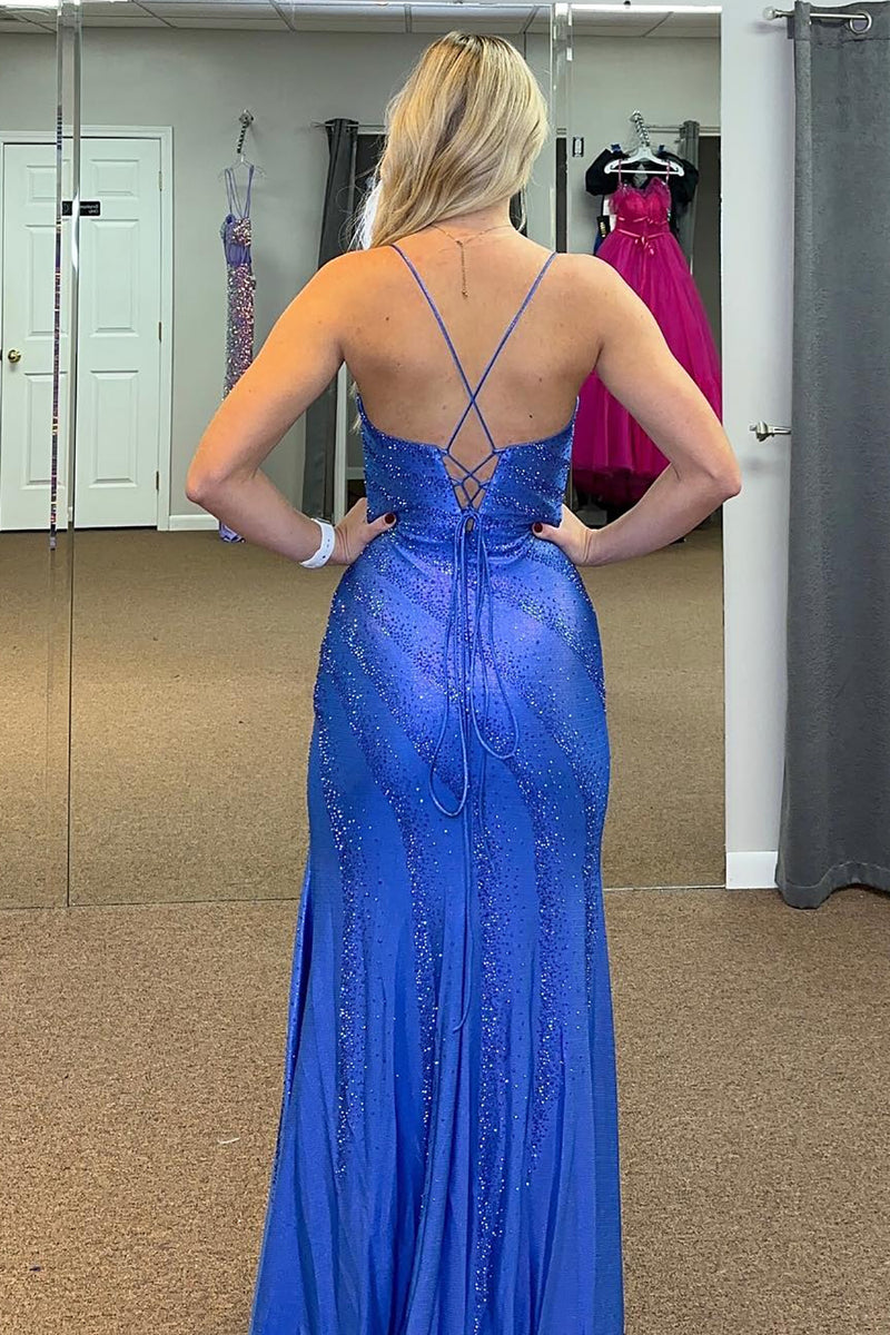 Load image into Gallery viewer, Sparkly Mermaid Royal Blue Prom Dress with Slit