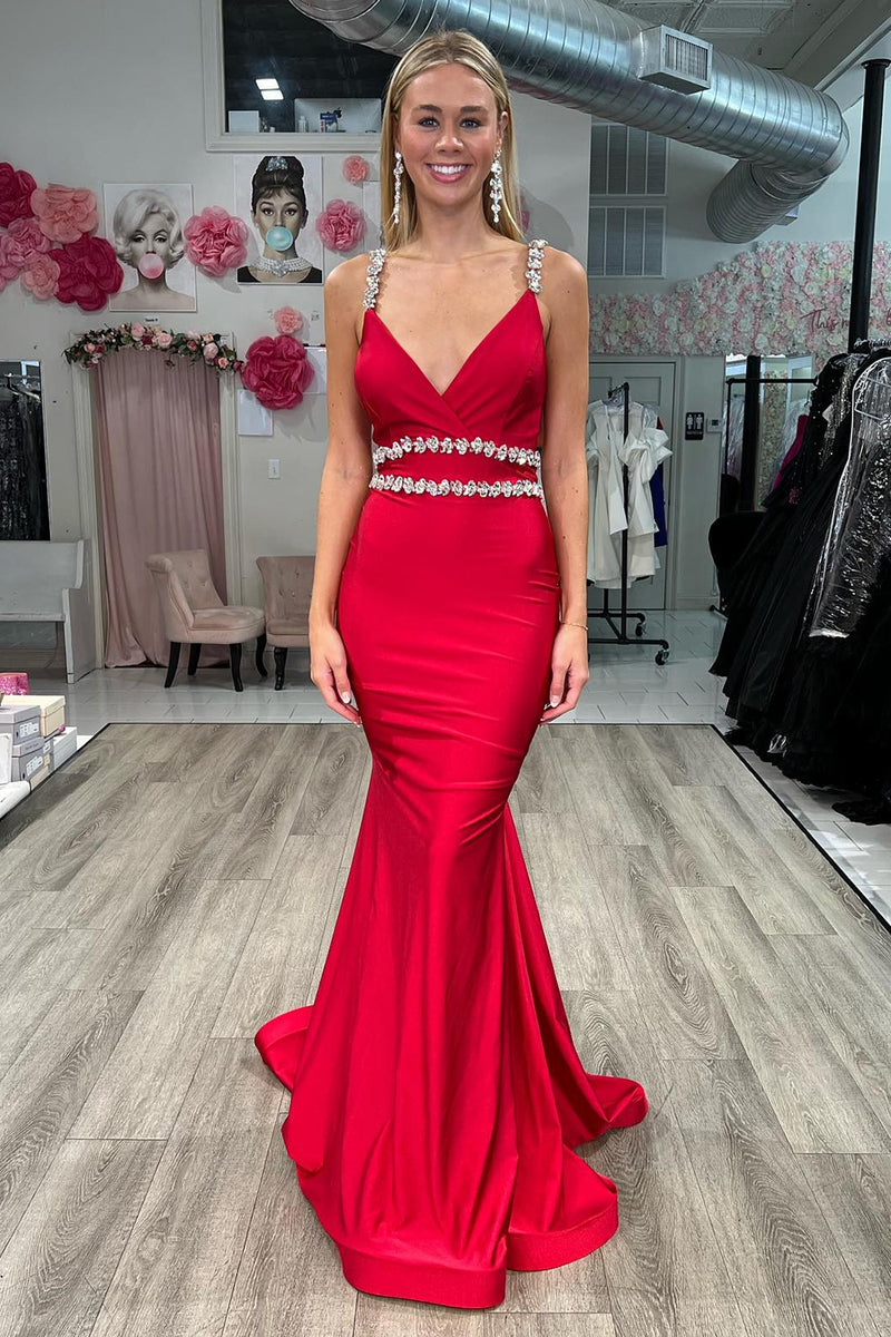 Load image into Gallery viewer, Mermaid Red Satin Prom Dress with Beading