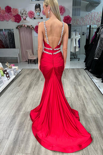 Mermaid Red Satin Prom Dress with Beading