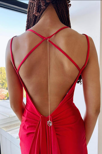 Satin Red Corset Prom Dress with Slit