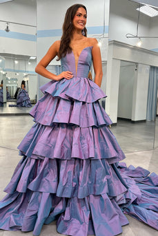 A Line Purple Long Tiered Prom Dress