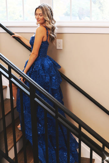 Royal Blue Sequins Tiered Prom Dress with Slit