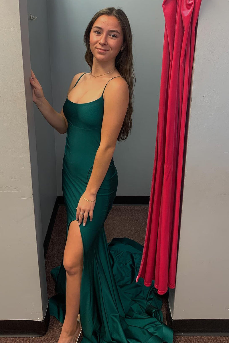 Load image into Gallery viewer, Mermaid Spaghetti Straps Dark Green Prom Dress with Slit