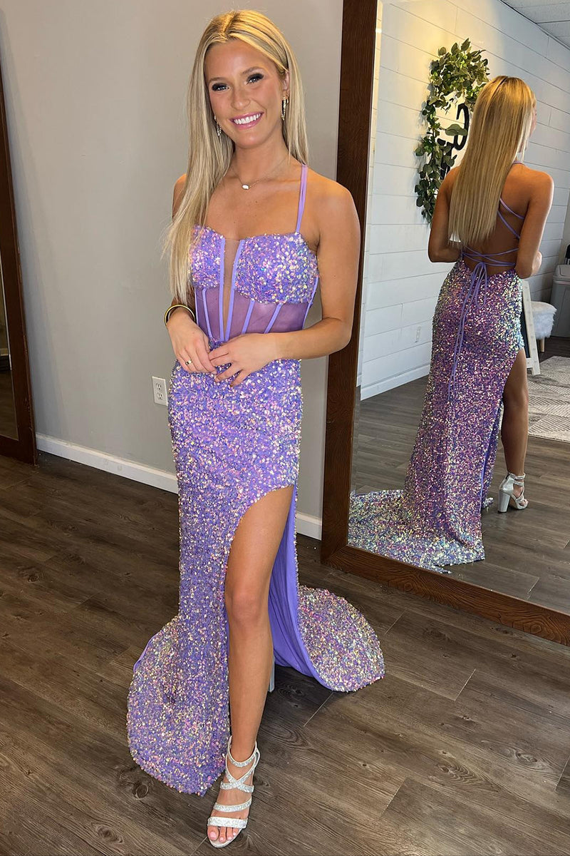 Load image into Gallery viewer, Sparkly Sequins Lilac Corset Prom Dress with Slit